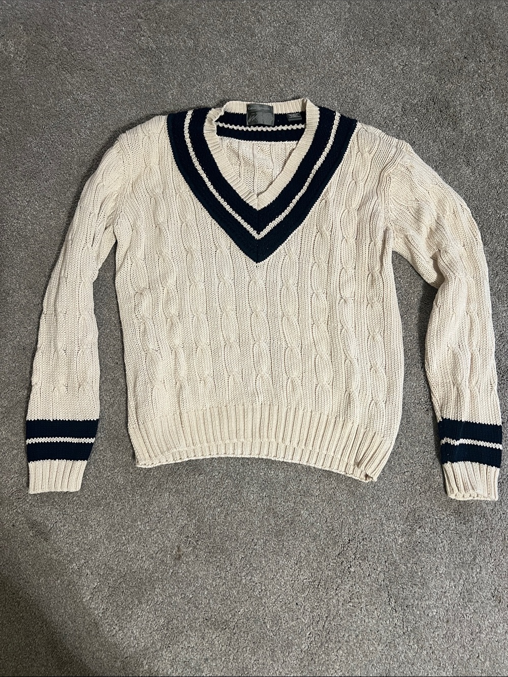 Vintage 80s 90s Men’s Cable Knit Cotton Varsity Sweater Cream Navy L